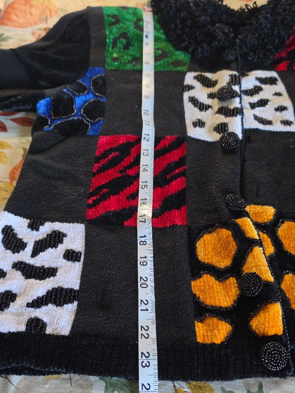Vintage Berek Black Multi Patchwork Animal-Print Teddy Collar Sweater Jacket - Picture 10 of 11